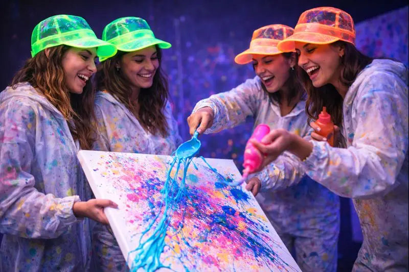 Gemeinsames Neon Action Painting beim JGA Workshop Let’s Glow Crazy in Hamburg mit Brain2Canvas