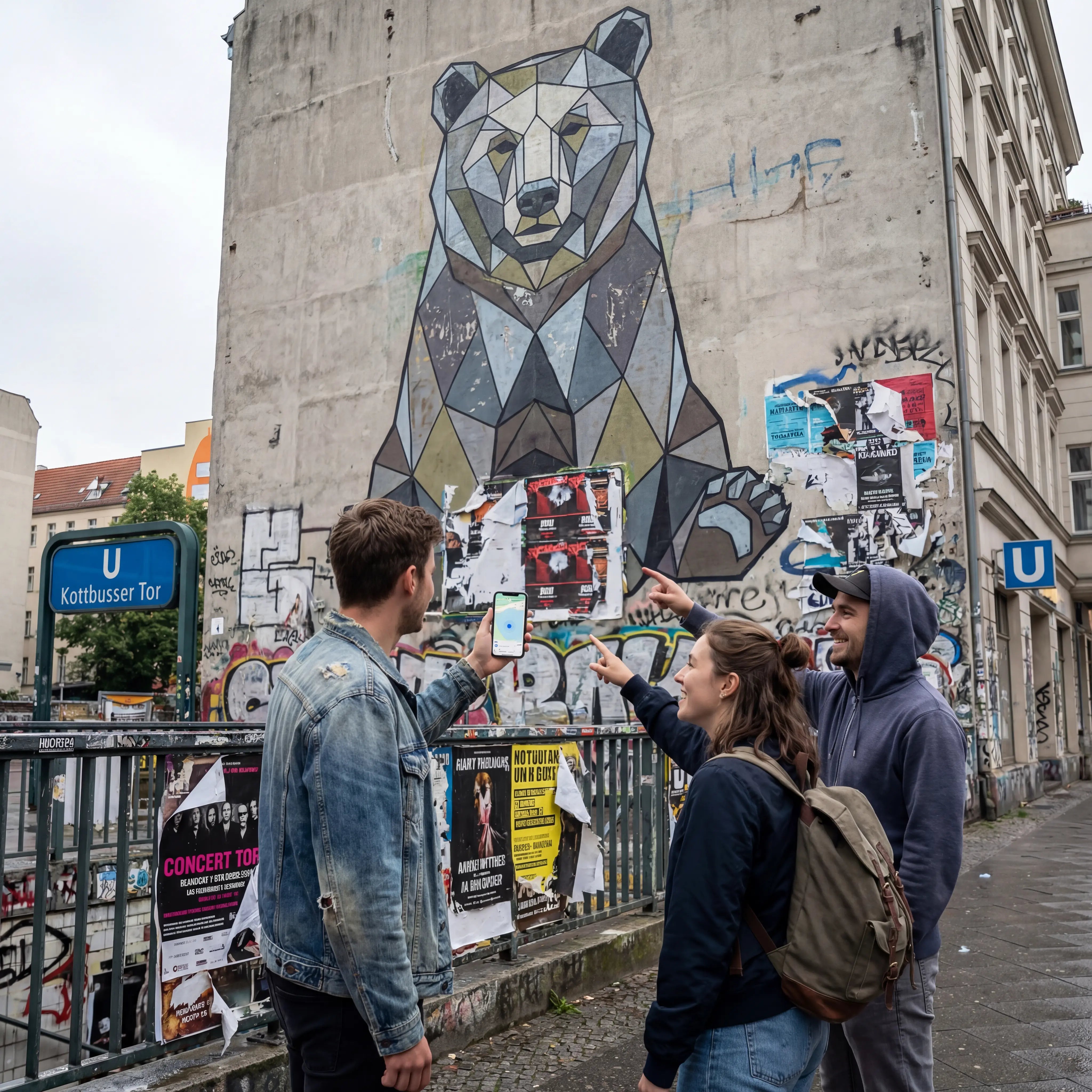 Teilnehmende nutzen die App bei einer Guided Street Art Tour in Berlin