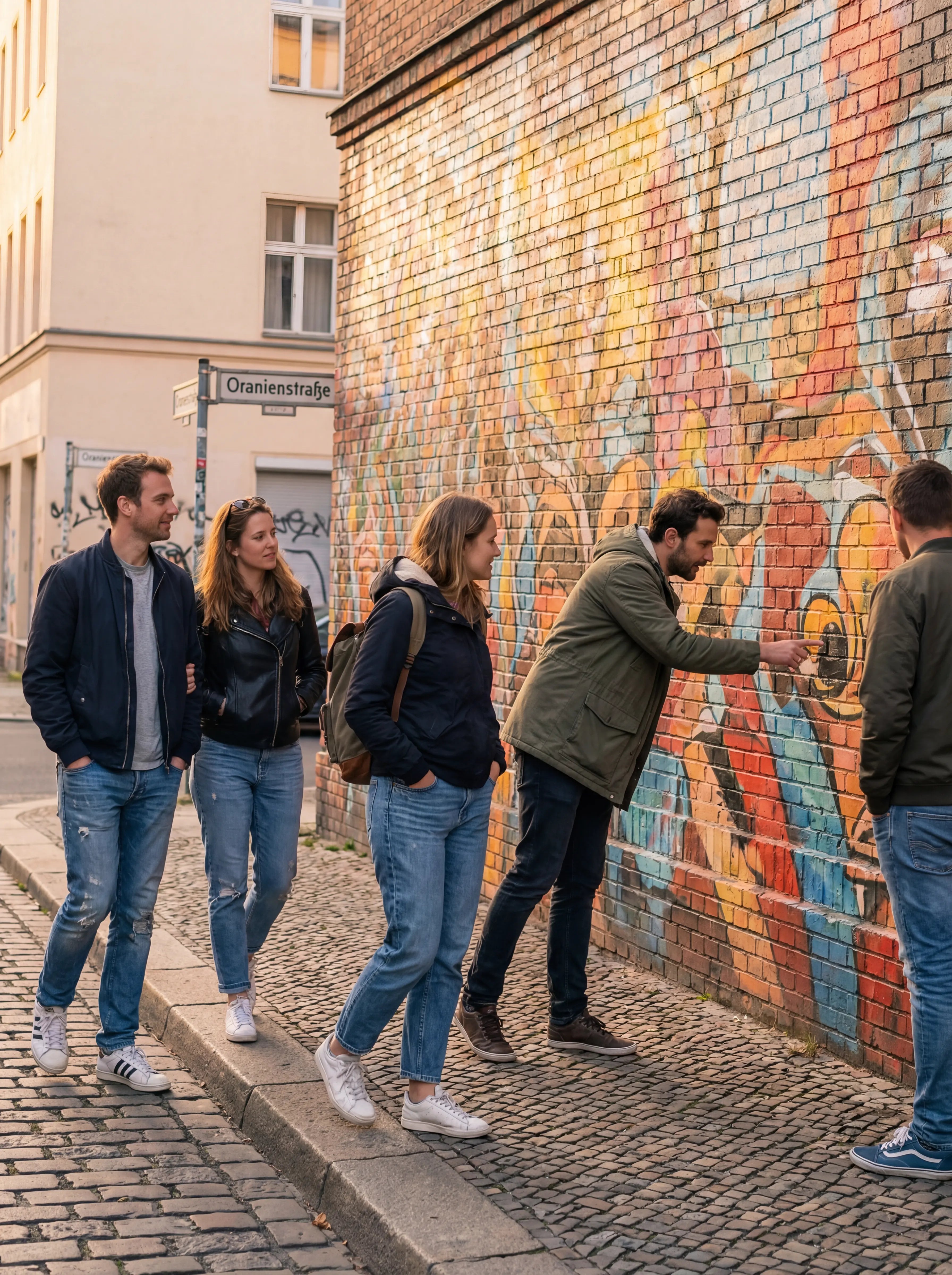 Team läuft gemeinsam durch ein Berliner Street-Art-Viertel